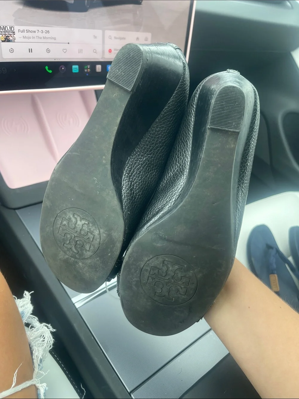 Tory Burch Black Leather platform heels with Gold Logo Accent